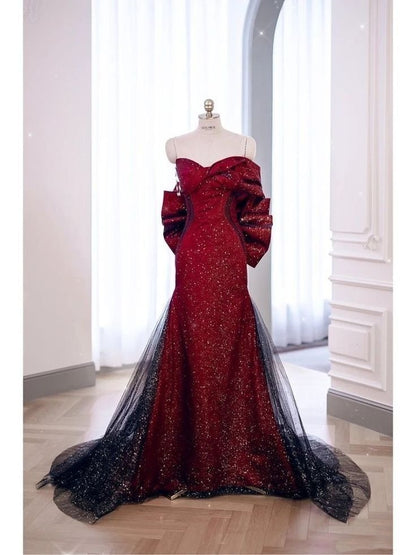 Robe de soirée sirène sexy à décolleté cœur, rouge et noire, en tulle plissé, AB2105