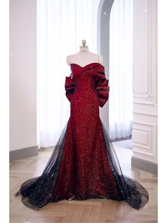 Robe de soirée sirène sexy à décolleté cœur, rouge et noire, en tulle plissé, AB2105