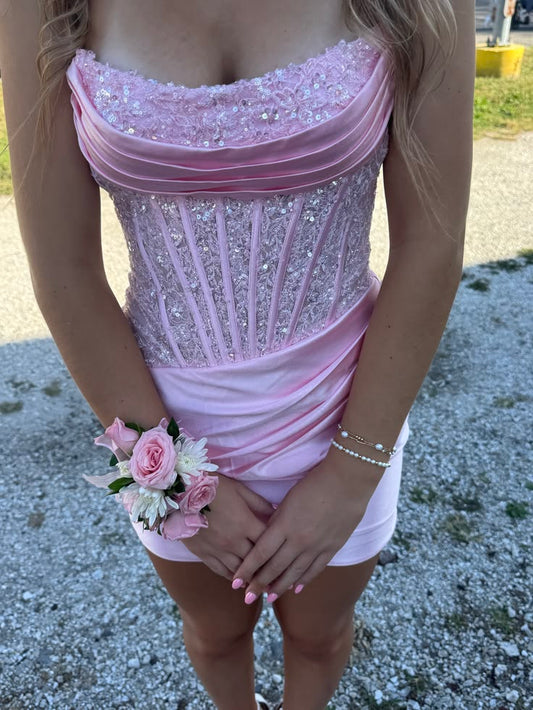 Sophisticated Sheath Strapless Pink Beaded For Barbie Girls Graduation Dress Short Mini Homecoming Dresses Hoco Outfit RB3623