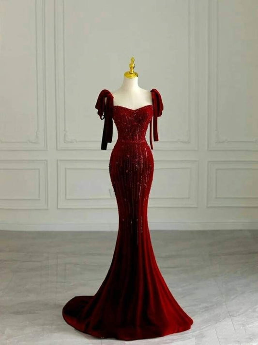 Robe de soirée longue rouge bordeaux style sirène, idéale pour les bals de fin d'année et les dîners, pour adolescentes et jeunes filles (AB2106)