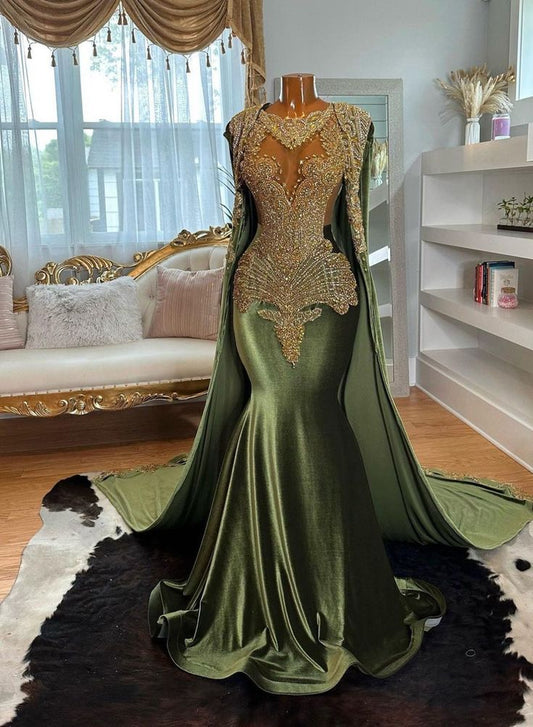 Olive Green Satin Prom Dress With Cape Beads Crystal Luxury Formal Birthday Party Gown Formal Inspo Evening Outfit AB758
