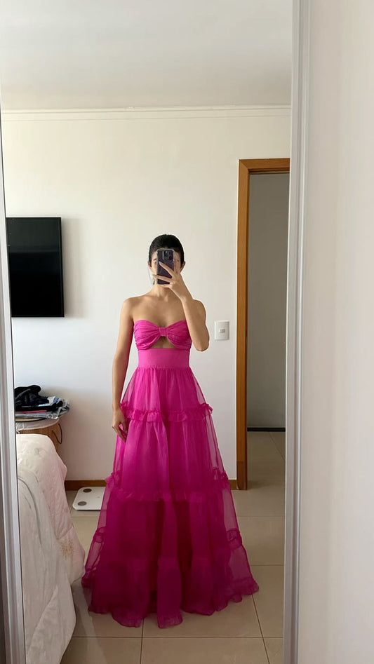 Elegantes, ärmelloses, langes A-Linien-Abendkleid aus Tüll in Pink mit Herzausschnitt, AB232