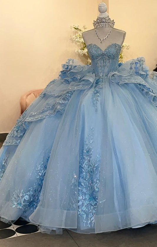 Unique Ball Gown Sweetheart Blue Tulle With Multi Layered Long Prom Quinceanera Dresses Sweet 15 16 Birthday Gown AB1237