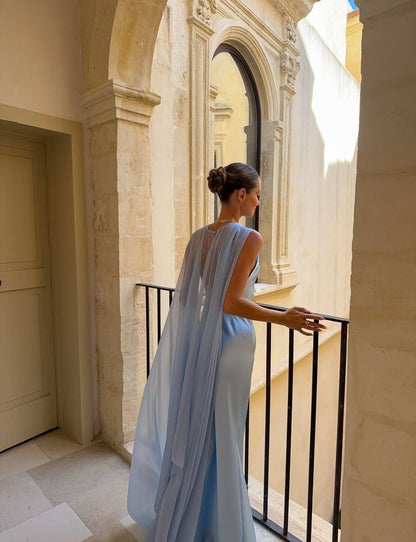 Schlichtes, blaues Chiffon-Abendkleid mit Spaghettiträgern in A-Linie – auch als Ballkleid oder Hochzeitsgastkleid geeignet (Modell N891)
