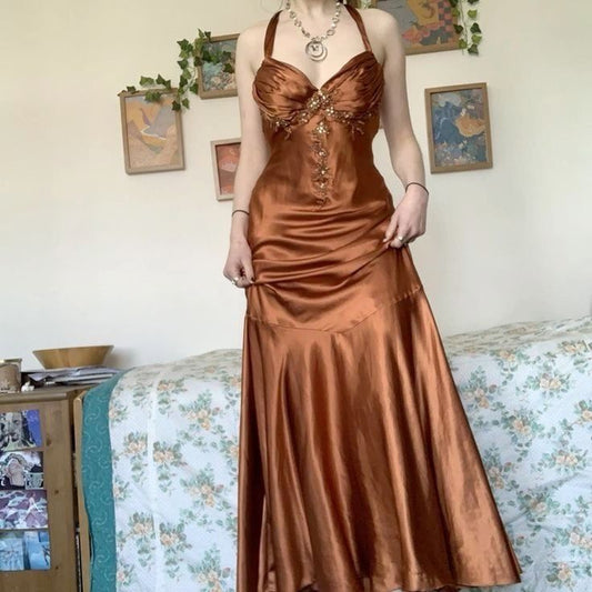 Vintage A-Linien-Halterkleid aus braunem Satin mit Perlenbesatz, langes Ballkleid, formelles Partykleid, Abendkleid AB1238