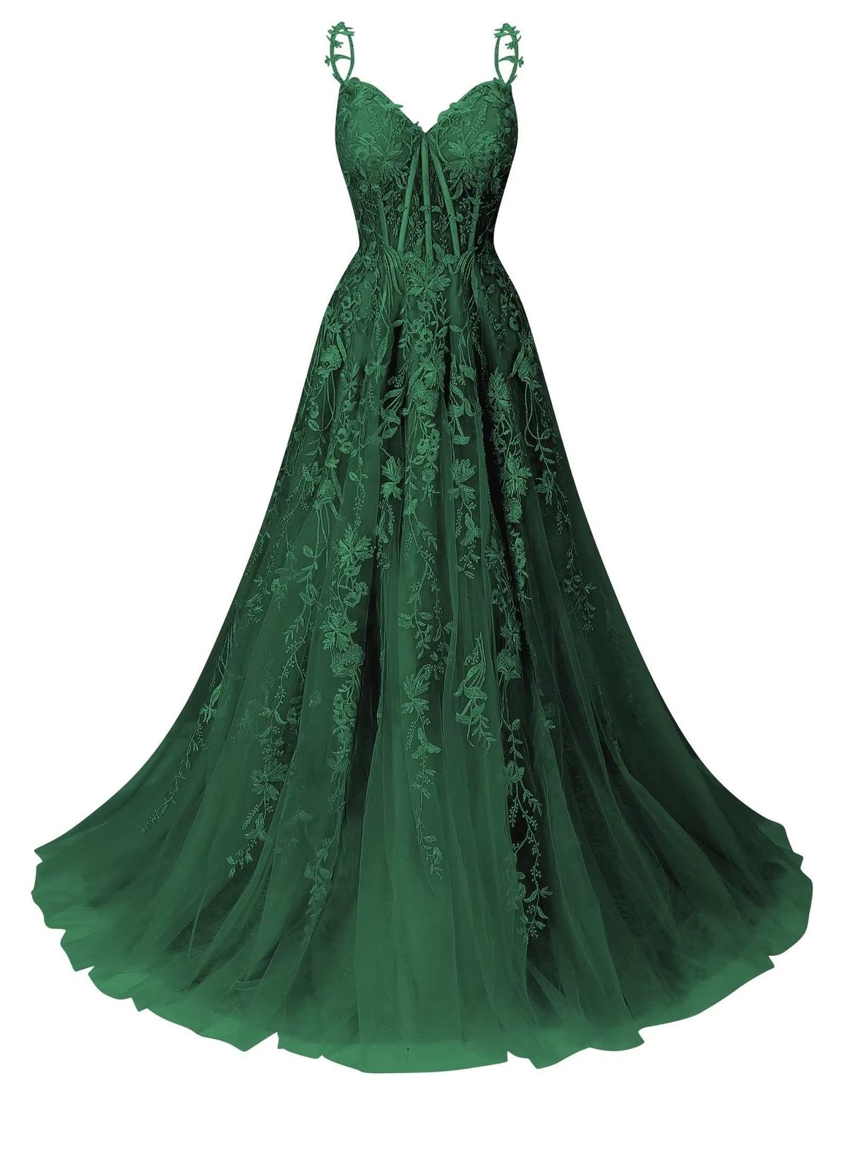 Classy A Line Spaghetti Strap Emerald Green Tulle Lace Prom Dress Aesthetic For Teens Formal Dress Party Outfits Prom Gown AB1080
