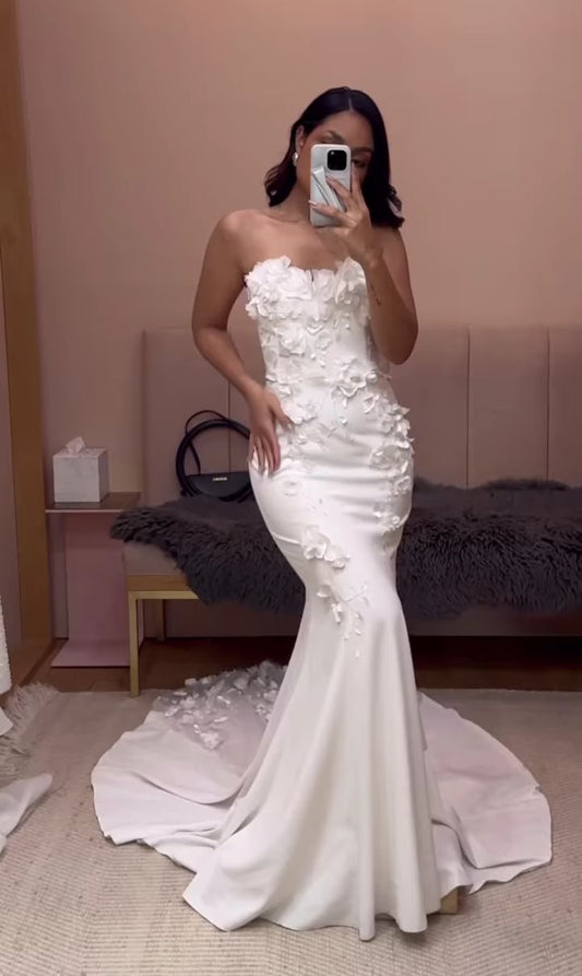 Elegant Women's Mermaid Sweetheart With Lace Sleeveless White Long Wedding Gowns Dresses AB1655