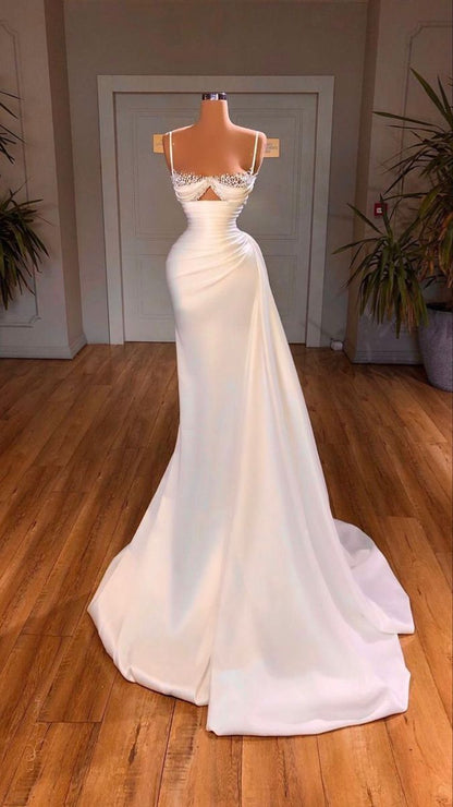 White Prom Dress Satin Mermaid Spaghetti Straps Sexy Women's Prom Gown Evening Dress AB1642