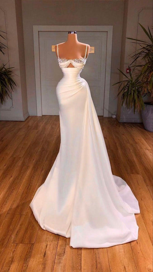 White Prom Dress Satin Mermaid Spaghetti Straps Sexy Women's Prom Gown Evening Dress AB1642
