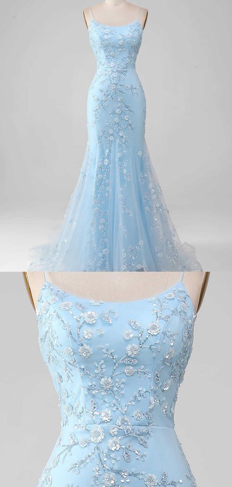Robe de soirée longue maxi à bretelles spaghetti bleu sirène à fleurs, modèle AB514