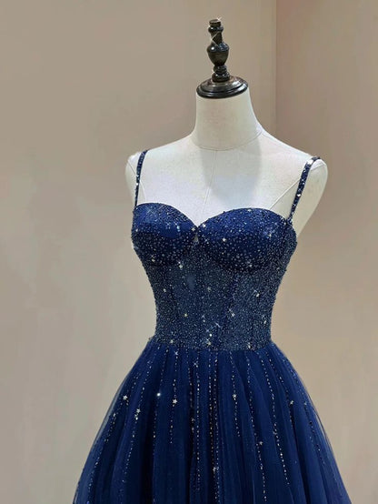 Robe de bal élégante bleu marine à fines bretelles, en tulle et perles, modèle AB516