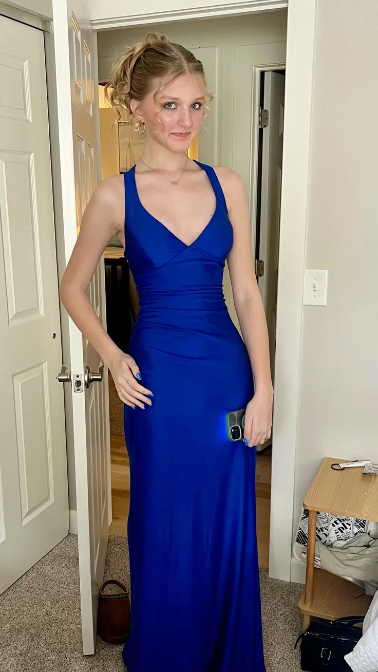 Elegantes Meerjungfrauen-Kleid mit Spaghettiträgern, königsblauem Rückenausschnitt und Schlitz – perfekt für College, Abschlussball und andere festliche Anlässe für Teenager (N1125)