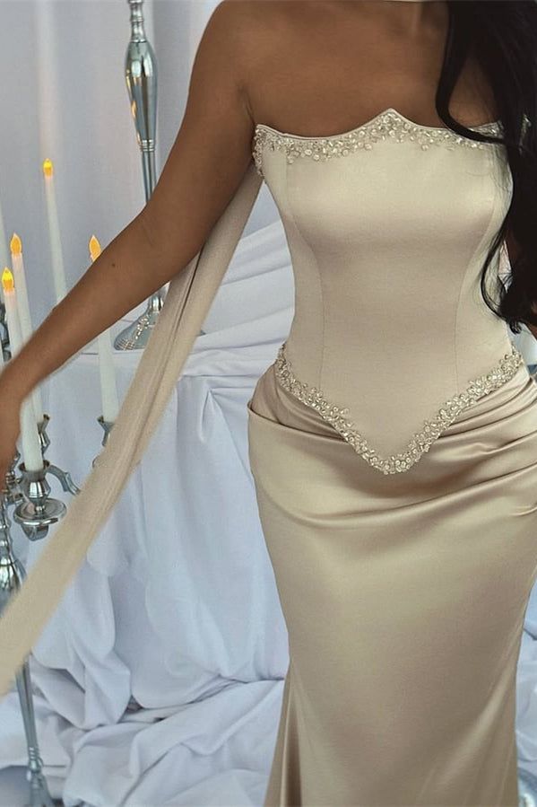 Luxuriöses trägerloses Meerjungfrauen-Abendkleid aus Satin, bodenlang, ärmellos, mit Perlen und Schleife AB967