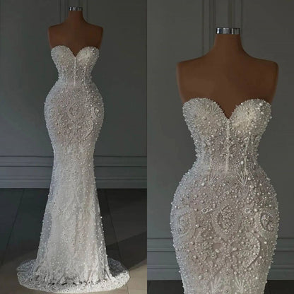 Luxuriöses Meerjungfrauen-Brautkleid für Damen mit Herzausschnitt, ärmellos, mit Perlen und Pailletten besetzt, bodenlang, Modell AB970