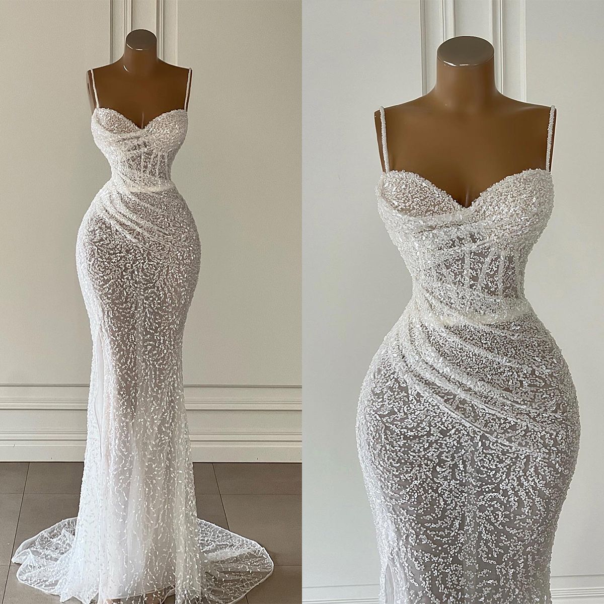 Classic Mermaid Wedding Dresses For Women Sweetheart Neck Spaghetti Strap Bridal Gown Sweep Train AB982