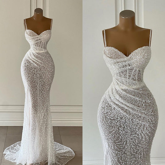 Classic Mermaid Wedding Dresses For Women Sweetheart Neck Spaghetti Strap Bridal Gown Sweep Train AB982