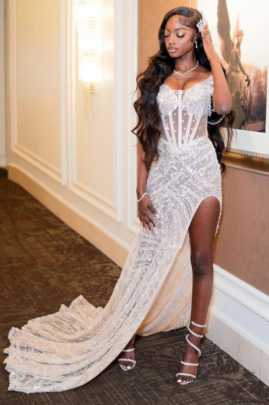 Sweetheart Ivory Mermaid High Split Court Train Sparkle Prom Dresses AB979
