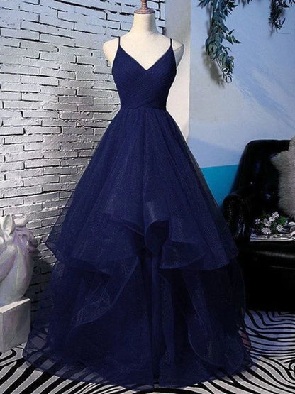 Robe de bal longue bleu marine brillante à col en V, sans manches, vaporeuse, AB694