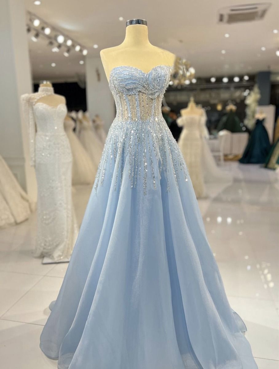 Modest A line Sweetheart Light Sky Blue Tulle Sequin Long Prom Dresses For Teens Formal Dress Party Outfits Prom Gowns AB1081