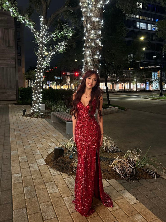 Elegant Mermaid Spaghetti Straps Burgundy Deep Red Sequins Long Prom Dresses Formal Party Gowns Vestidos De Dia AB606
