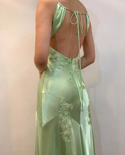 Pretty Mermaid V Neckline Green Satin Backless Evening Dress Prom Dresses With Beads AB957
