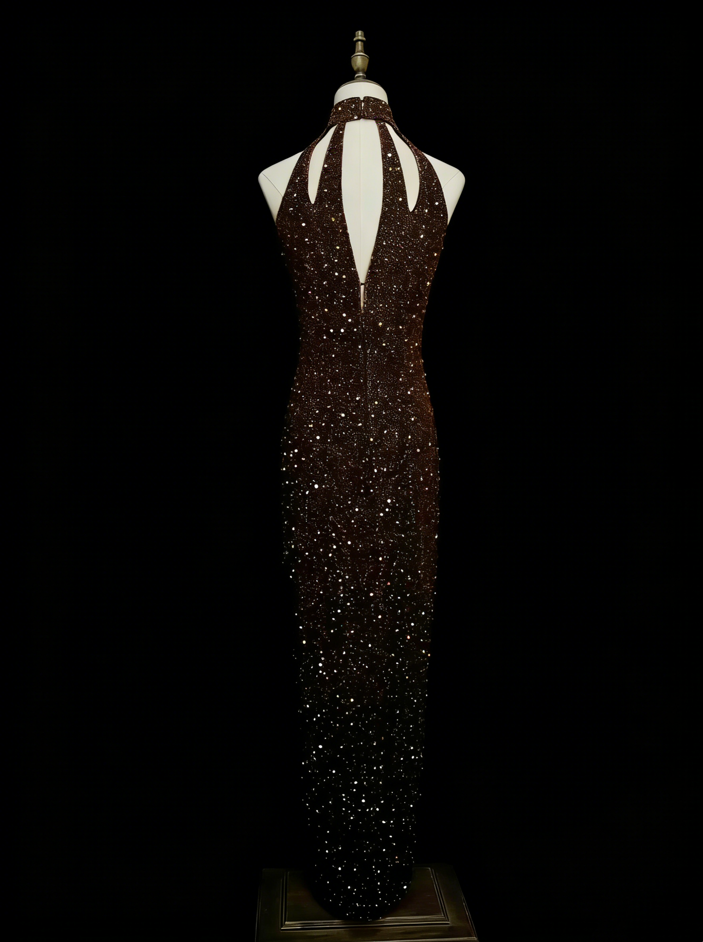 Robe de bal longue vintage années 80, fourreau, dos nu, à sequins, sans manches, N1453