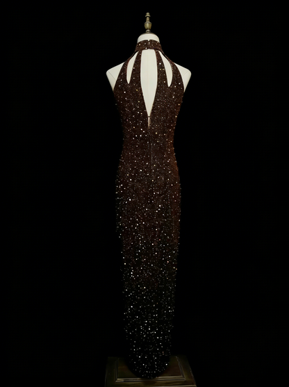 Robe de bal longue vintage années 80, fourreau, dos nu, à sequins, sans manches, N1453