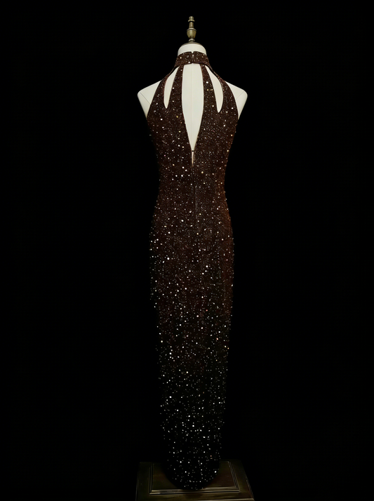 Robe de bal longue vintage années 80, fourreau, dos nu, à sequins, sans manches, N1453