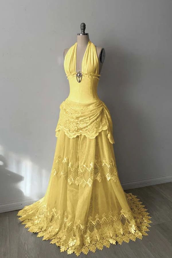 Elegant Ball Gown Halter Yellow Lace With Ruffles Perfection-Formal Goals Nigh Evening Long Prom Dress Party Outfits RB6733