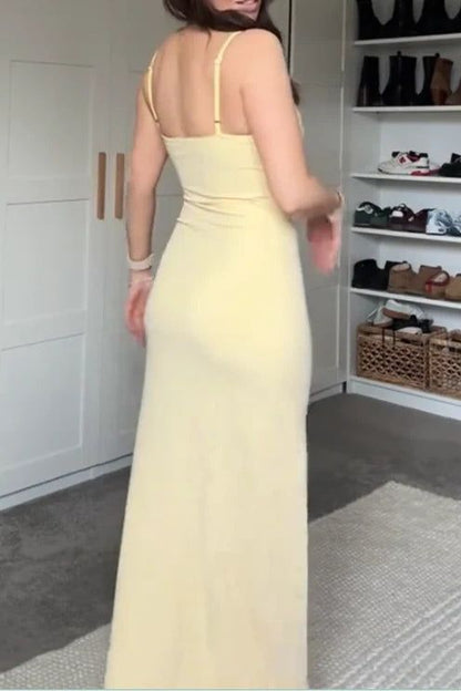 Robe de bal longue jaune sirène à fines bretelles et volants, idéale pour un anniversaire (AB2309)