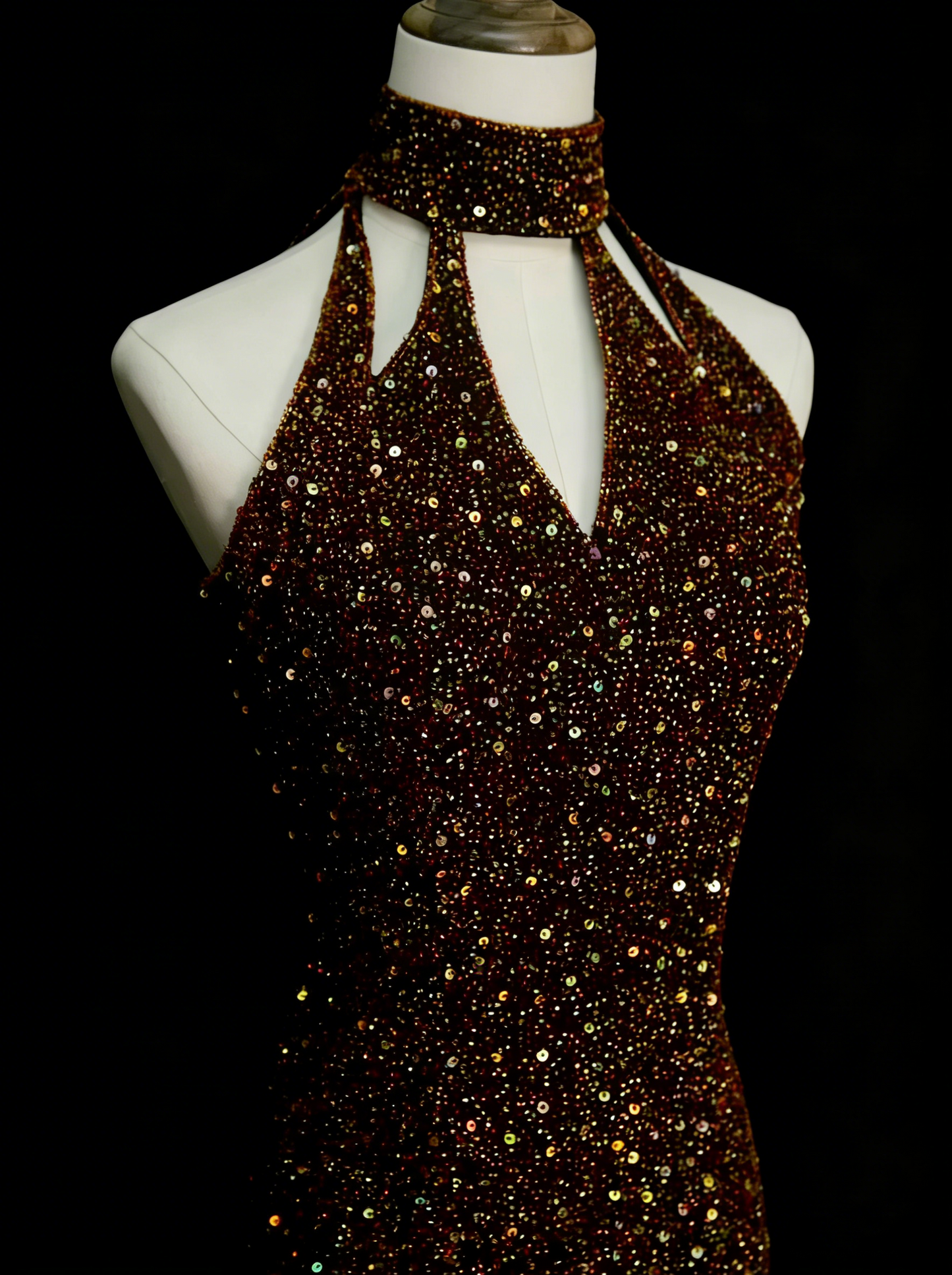 Robe de bal longue vintage années 80, fourreau, dos nu, à sequins, sans manches, N1453