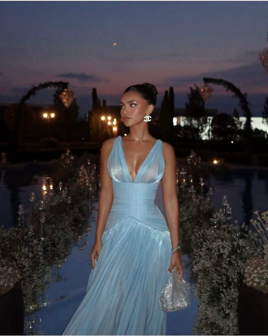Simple A line V Neck Light Sky Blue Satin Long Party Dresses Prom Dresses Impress Wedding Guest Dress N893