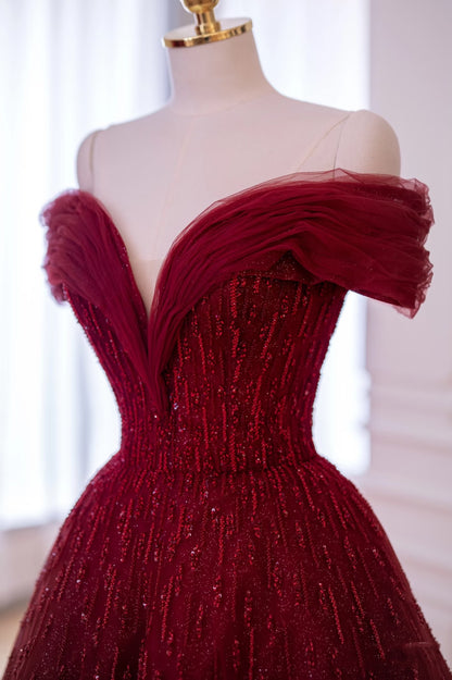 Glänzendes Ballkleid aus rotem Tüll mit Perlen, schulterfrei, für Damen, Partykleider, lange formelle Ballkleider, Kleid zum 22. Geburtstag AB1328