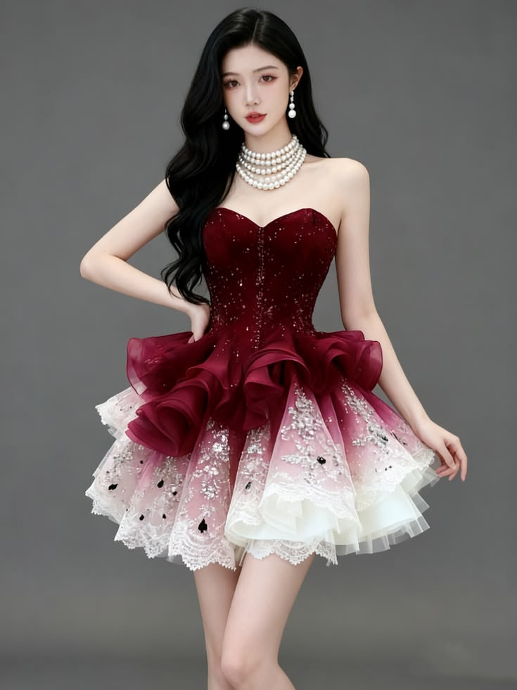 Glitzerndes Ballkleid, Herzförmiger Ausschnitt, Farbverlauf, Burgund-Pink, Perlenbesatz, Abschlusskleid, Mini-Kleid, Senior Inspo, Kurzes Homecoming-Kleid RB3185