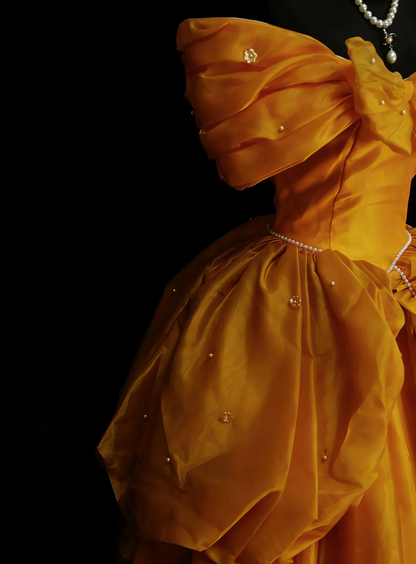 Jolie robe de bal jaune en organza, épaules dénudées, robes de demoiselle d'honneur pour Quinceanera N2143