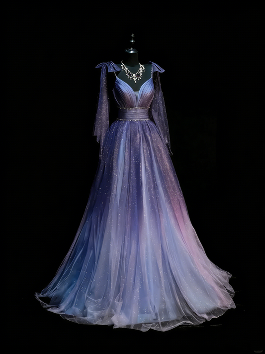Vintage A Line Spaghetti Straps Grape Tulle With Beadings Floor Length Inspiration Long Prom Dresses N1203
