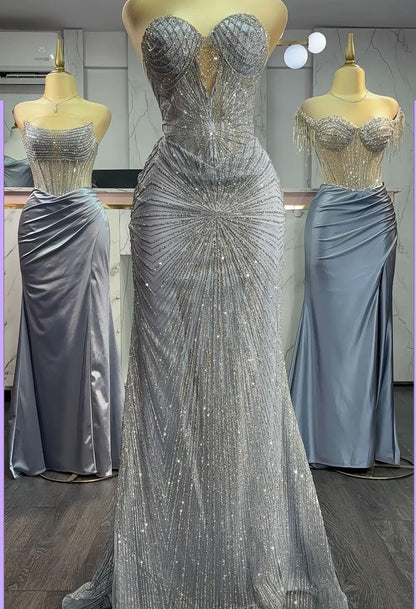 Gorgeous Mermaid Sweetheart Silver Gray Sequin Prom Dresses Long Evening Gowns Sleeveless Graduation Dress N1634