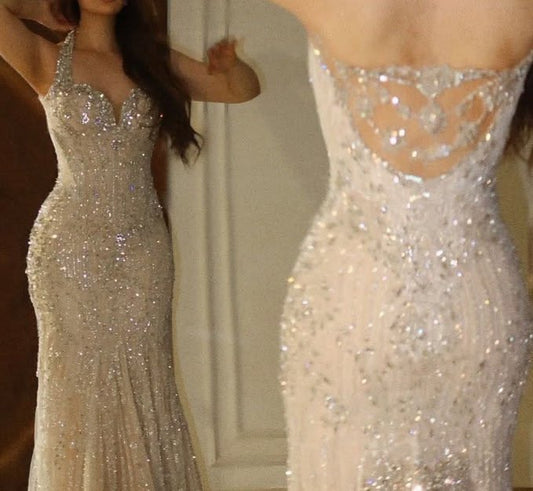 Funkelndes, langes Meerjungfrauen-Abendkleid mit Pailletten in Champagner-Optik für Schülerinnen und Mädchen, formelles Abendkleid für Partys, N1009