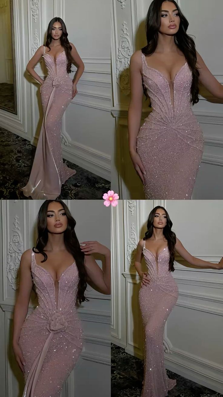 Robes de Bal Sirène Bretelles Fines Rose Soirée Longue Formelle N4763
