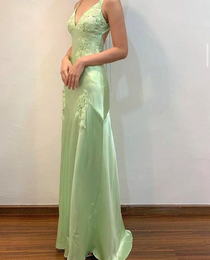 Pretty Mermaid V Neckline Green Satin Backless Evening Dress Prom Dresses With Beads AB957