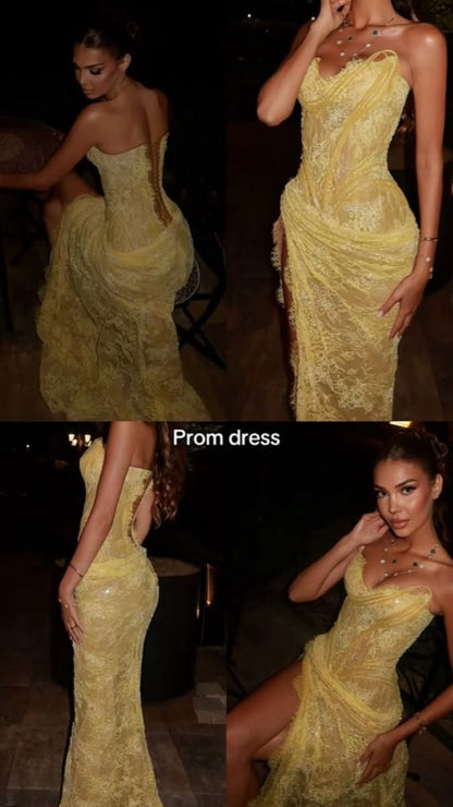 Robe de bal longue sirène unique, décolleté cœur, dentelle jaune, fente, robe de soirée, tenue pour un 21e anniversaire, robe de remise de diplôme N900