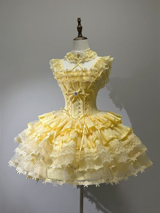 Fancy Ball Gown Square Neck Yellow Lolite Dress With Lace Mini Short Hoco 18th Birthday Dress Homecoming Dresses RB4123