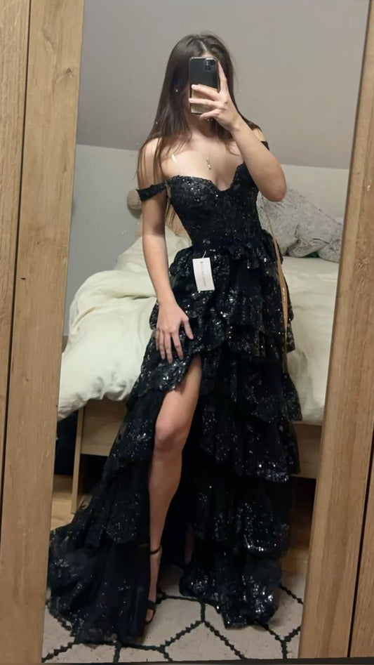 Robe de bal sexy à épaules dénudées en dentelle fendue pour jeunes filles noires, robe de bal longue à paillettes pour soirée formelle N790