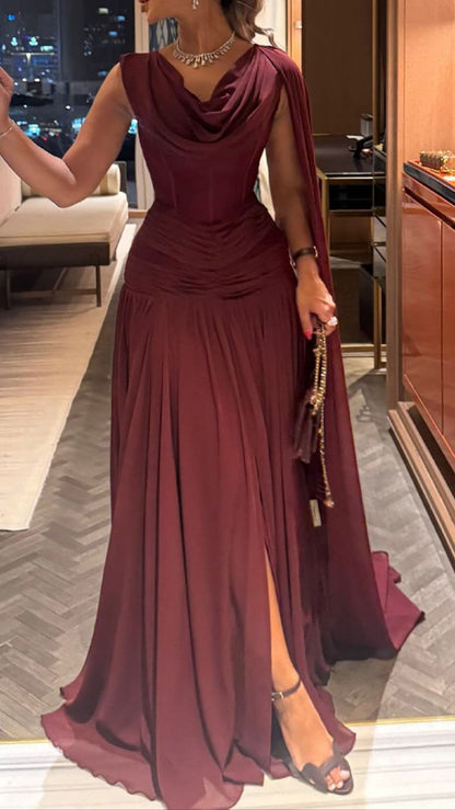 Neckholderärmellos Off-Shoulder Chiffon Bodenlang Plissiert A-Linien-Abschlussballkleid N2354