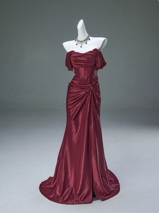 Robe de soirée sirène élégante en satin plissé, robe de bal de fin d'année à épaules dénudées N1870