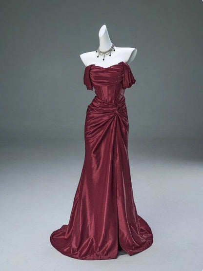 Robe de soirée sirène élégante en satin plissé, robe de bal de fin d'année à épaules dénudées N1870