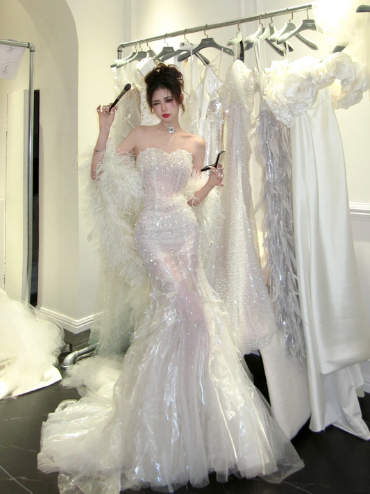 Luxurious Wedding Dresses Mermaid Sweetheart With Beaded Crystals Bodice Silver Sequin Bride Dress For Brides Fitted Bridal Gown N076