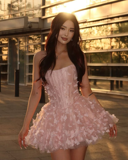 Sweet Ball Gown Sweetheart Flowers Pink Sleeveless Short Mini 16th Birthday Dresses Hoco Outfits N1909