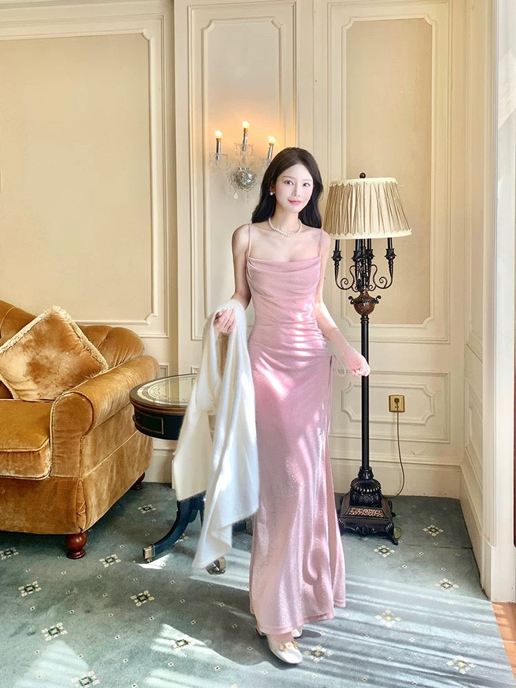 Elegantes, pinkfarbenes Pailletten-Abendkleid im Meerjungfrauenstil mit Spaghettiträgern und Schlitz – perfekt für Highschool-Teenager, Abschlussball oder Tanzabend (N016)