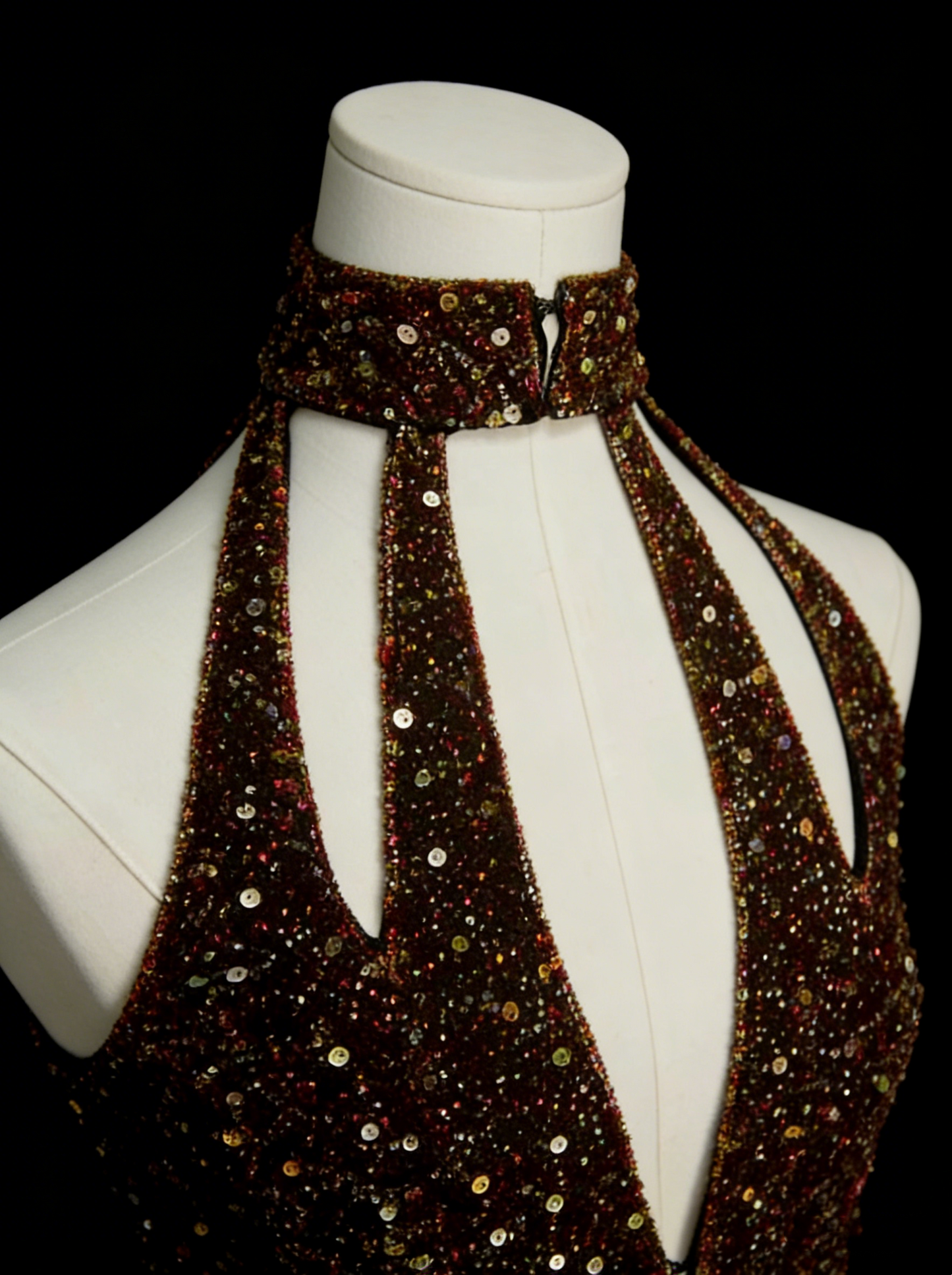 Robe de bal longue vintage années 80, fourreau, dos nu, à sequins, sans manches, N1453